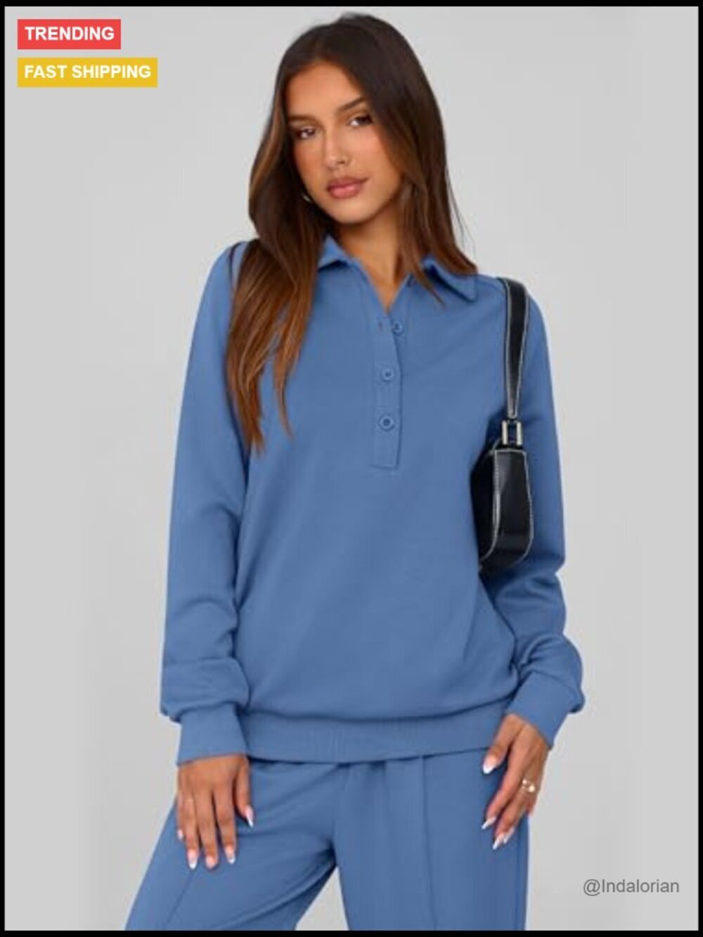 Quarter Button Long Sleeve Sweatshirt Wide Leg Pants Tracksuit Set - Picture 5 of 7